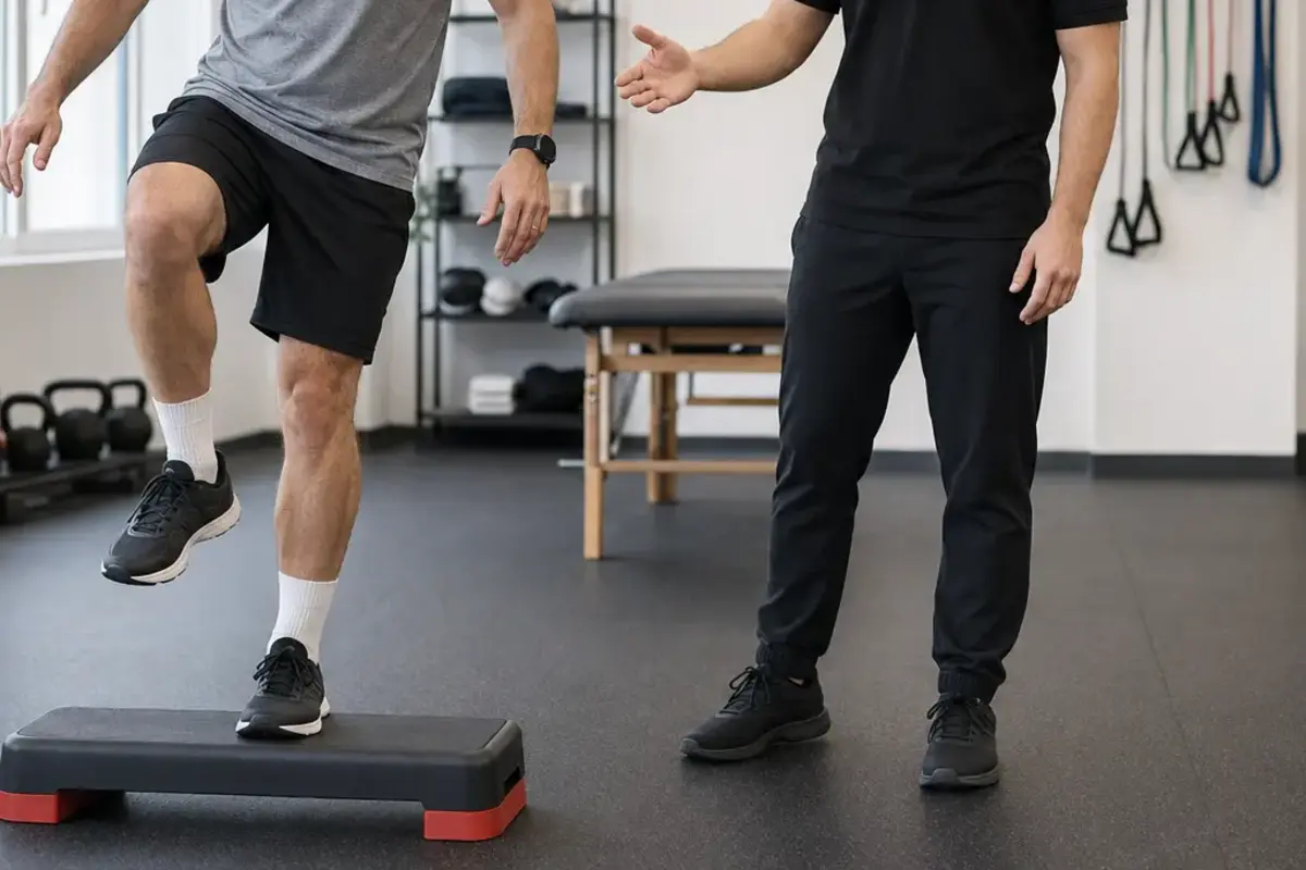 Esercizio di equilibrio su step durante un percorso di fisioterapia sportiva